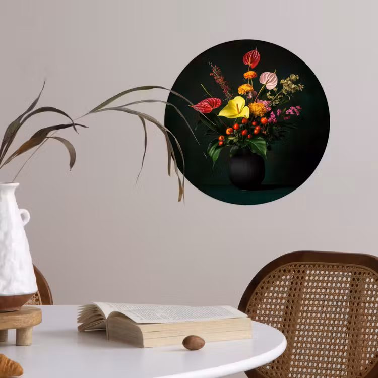Bloemen - Vaas - Zwart Wandcirkel behangsticker klein -sfeer3