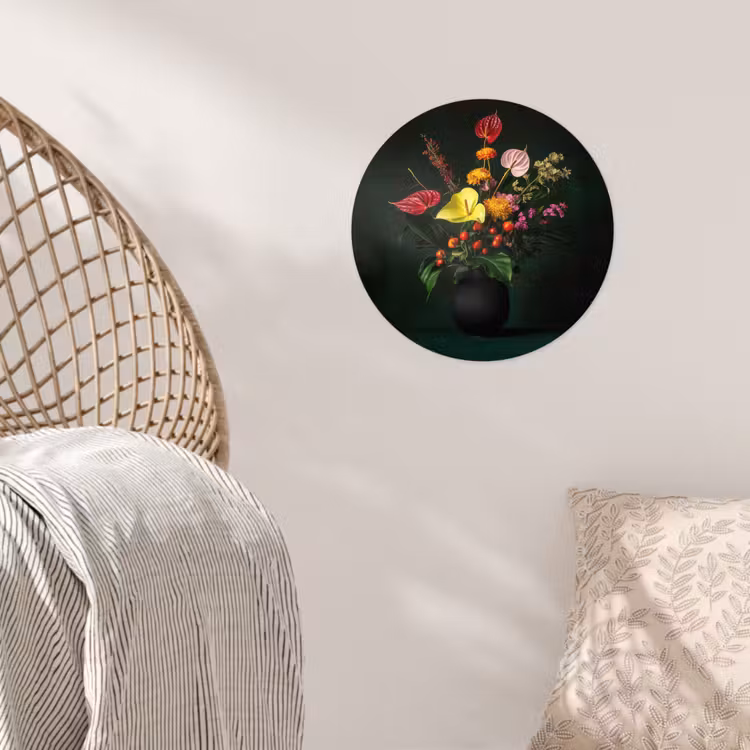 Bloemen - Vaas - Zwart Wandcirkel behangsticker klein -sfeer4