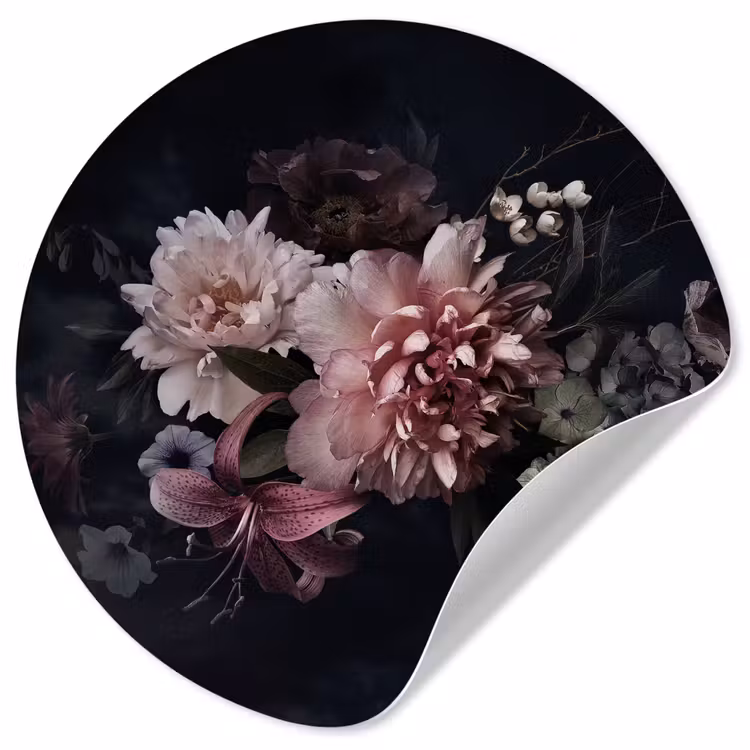 Bloemen - Vintage - Pastel - Zwart - Boeket Wandcirkel behangsticker klein -3d