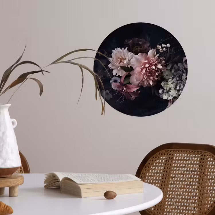 Bloemen - Vintage - Pastel - Zwart - Boeket Wandcirkel behangsticker klein -sfeer3