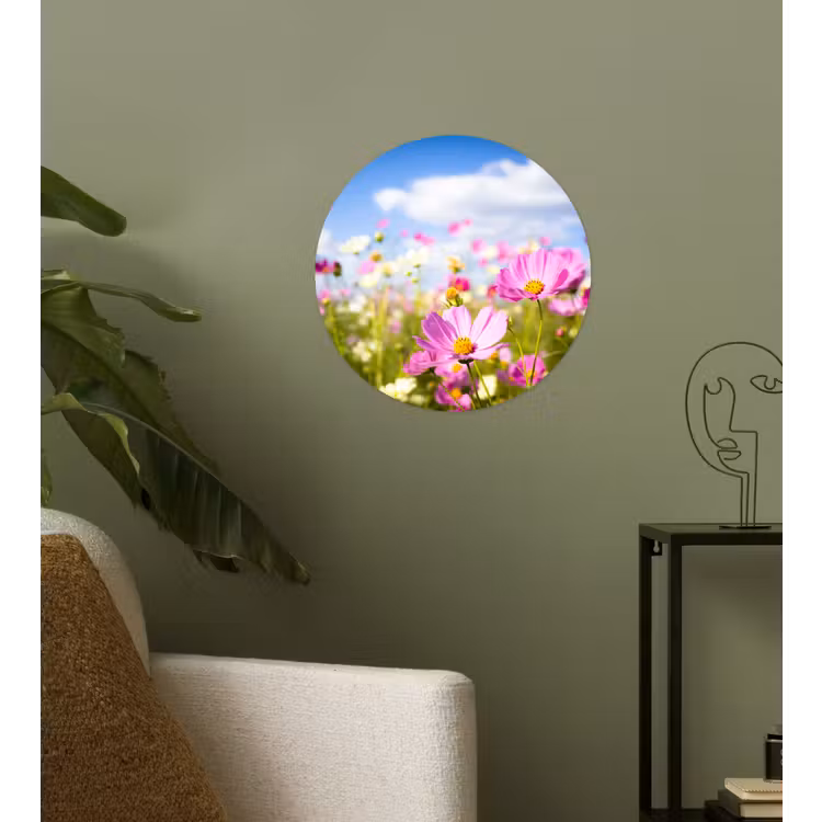 Bloemen - Wei - Paars - Gras - Wit - Wolken - Blauw Wandcirkel behangsticker klein -sfeer2