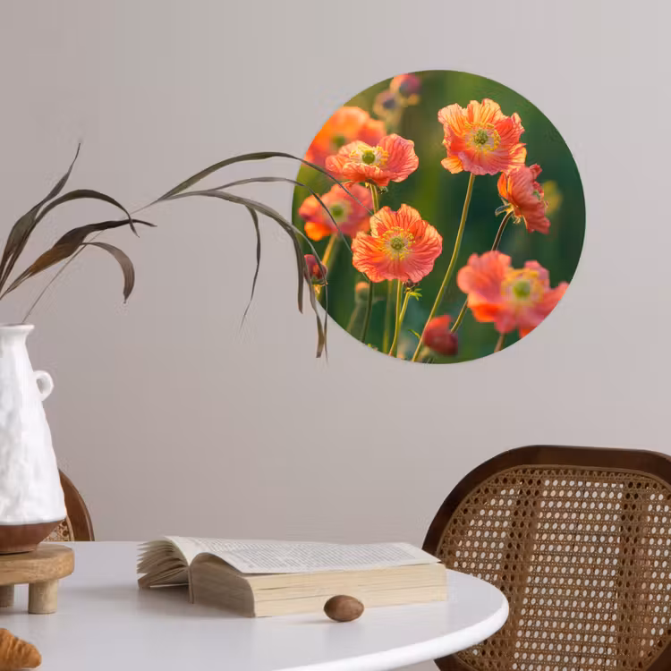 Bloemenveld - Zonnestralen - Oranje Wandcirkel behangsticker klein -sfeer3