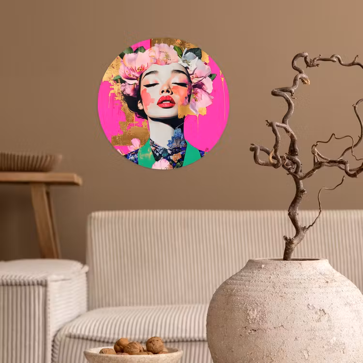 Bloemenkroon - Goud - Vrouw - Portret Wandcirkel behangsticker klein -sfeer1