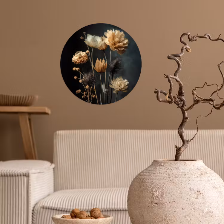 Boeket - Bloemen - Licht - Zwart Wandcirkel behangsticker klein -sfeer1