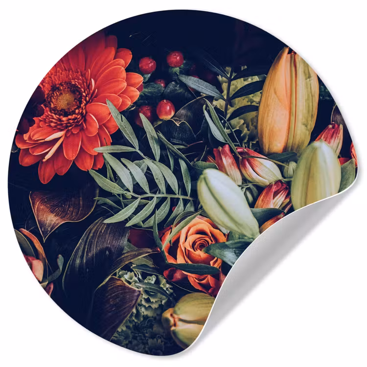 Boeket - Stilleven - Bloemen - Planten - Rood Wandcirkel behangsticker klein -3d