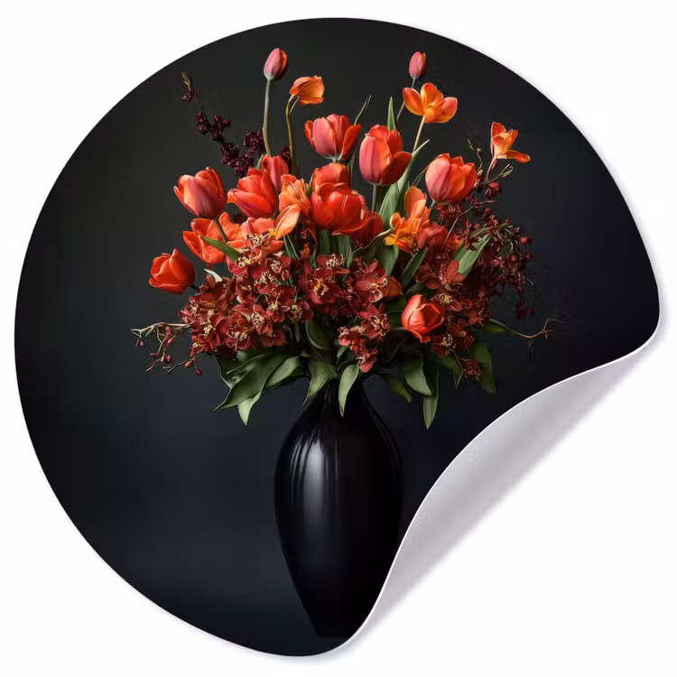 Boeket - Tulpen - Vaas - Rood Wandcirkel behangsticker klein -3d