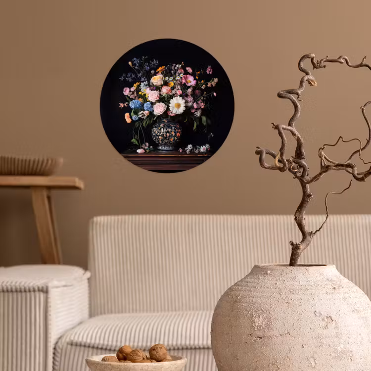 Bloemenvaas - Hout - Bloemen - Boeket Wandcirkel behangsticker klein -sfeer1