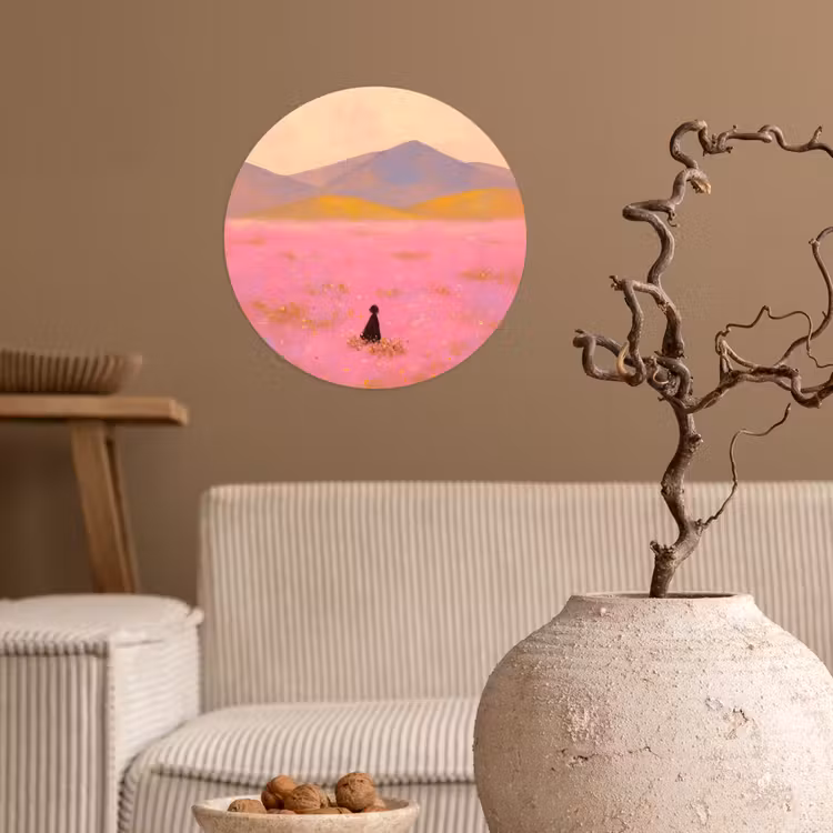 Bloemenweide - Heuvels - Silhouet - Roze Wandcirkel behangsticker klein -sfeer1