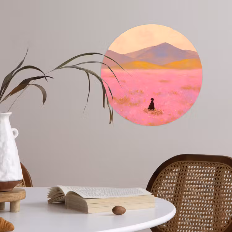 Bloemenweide - Heuvels - Silhouet - Roze Wandcirkel behangsticker klein -sfeer3