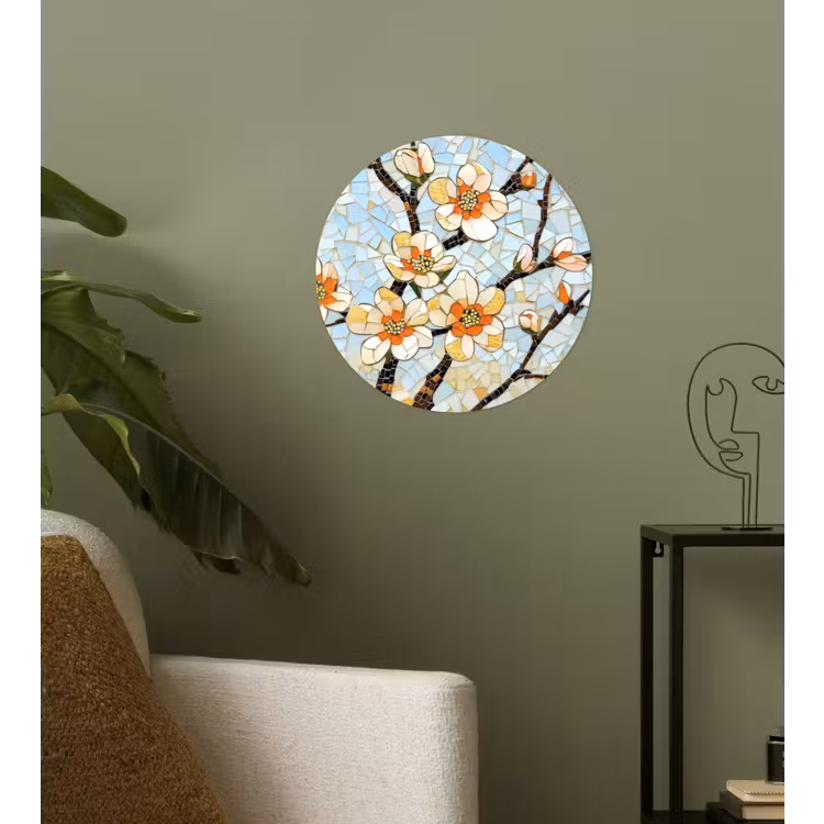 Bloesems - Wit - Mozaïek - Tak Wandcirkel behangsticker klein -sfeer2