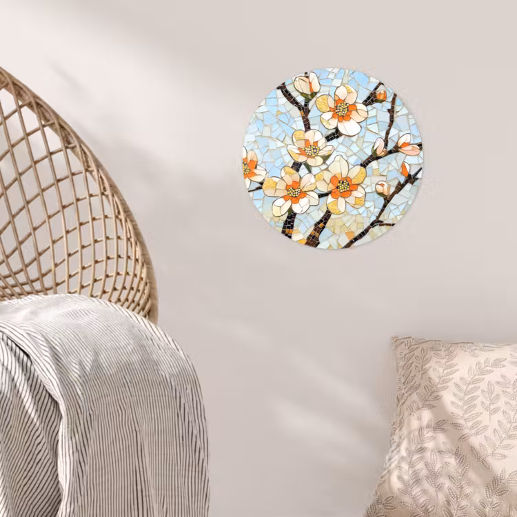 Bloesems - Wit - Mozaïek - Tak Wandcirkel behangsticker klein -sfeer4