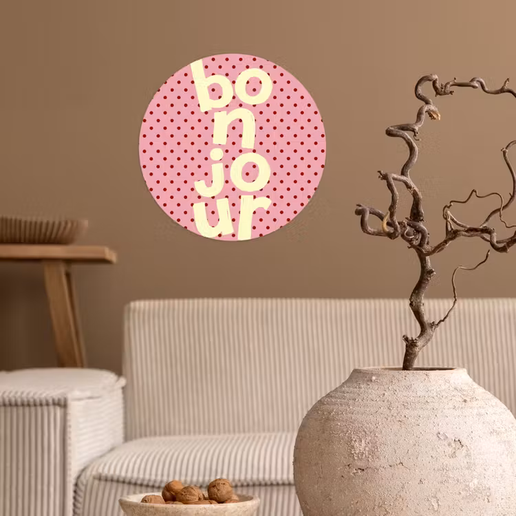 Bonjour - Stippen - Roze- Geel Wandcirkel behangsticker klein -sfeer1