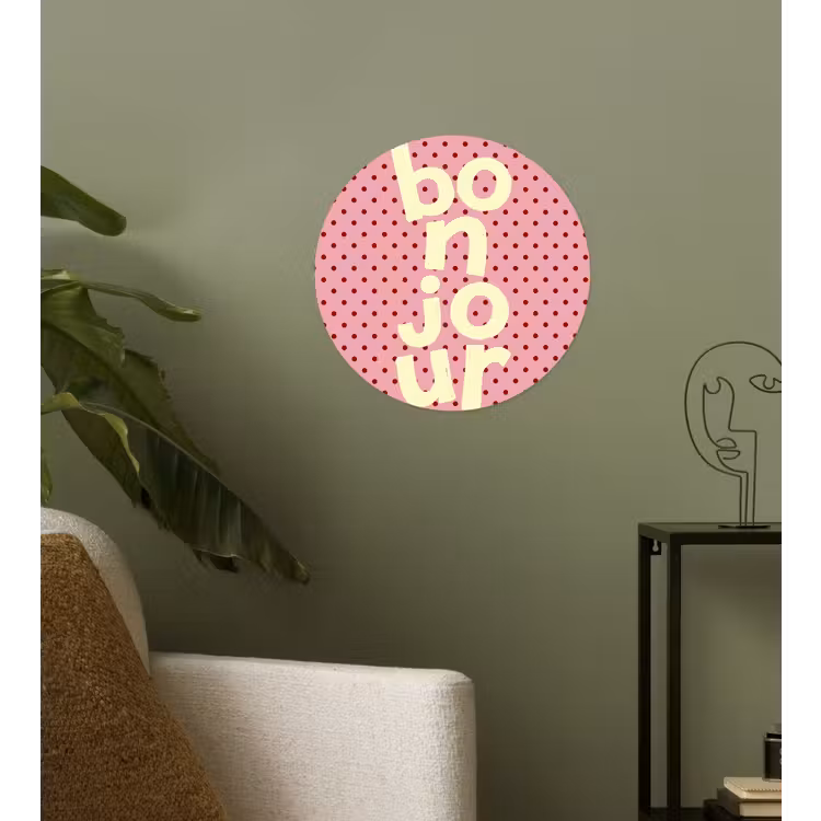 Bonjour - Stippen - Roze- Geel Wandcirkel behangsticker klein -sfeer2