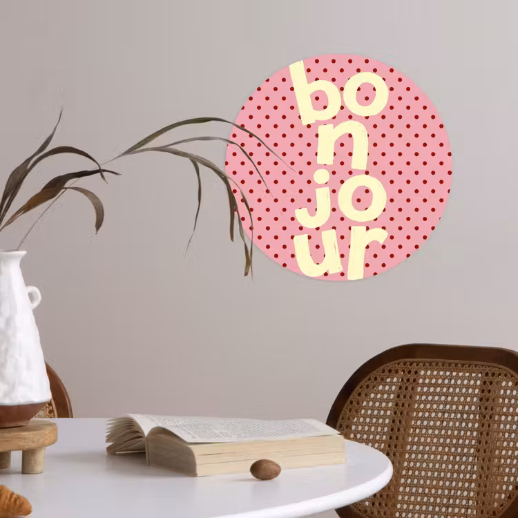 Bonjour - Stippen - Roze- Geel Wandcirkel behangsticker klein -sfeer3