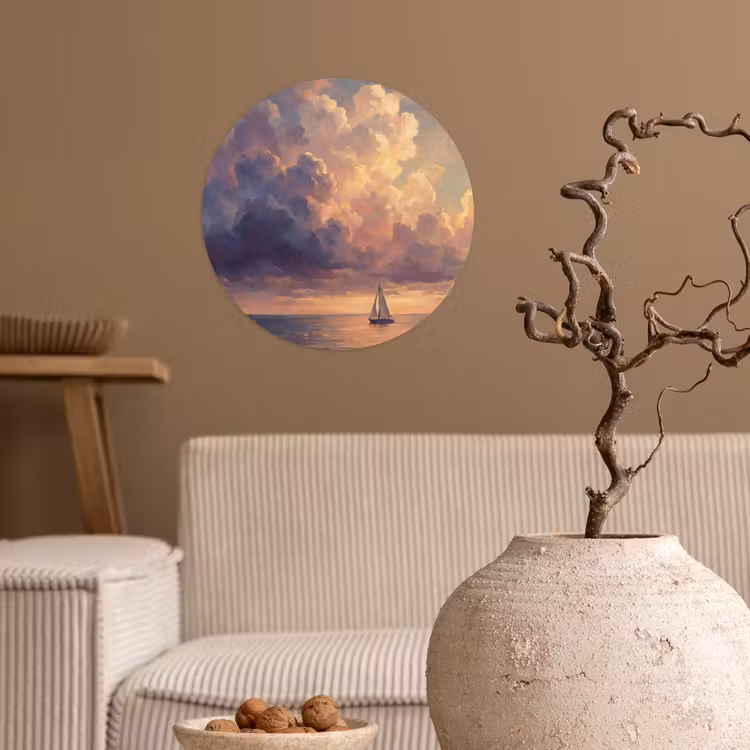 Boot - Zonsondergang - Zee - Natuur - Goud Wandcirkel behangsticker klein -sfeer1