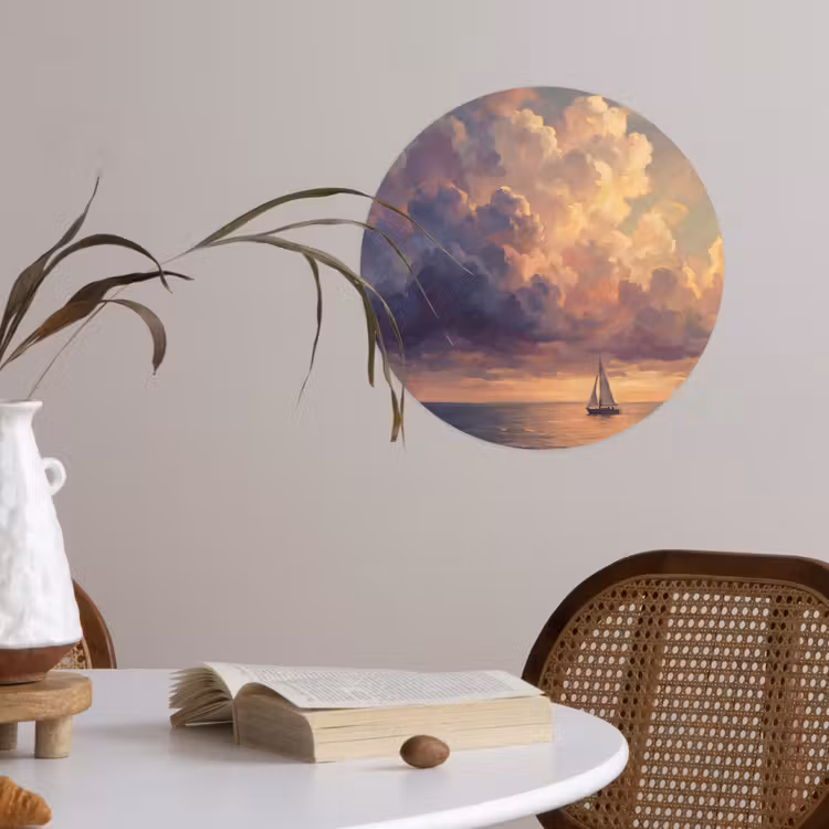 Boot - Zonsondergang - Zee - Natuur - Goud Wandcirkel behangsticker klein -sfeer3