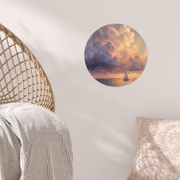 Boot - Zonsondergang - Zee - Natuur - Goud Wandcirkel behangsticker klein -sfeer4