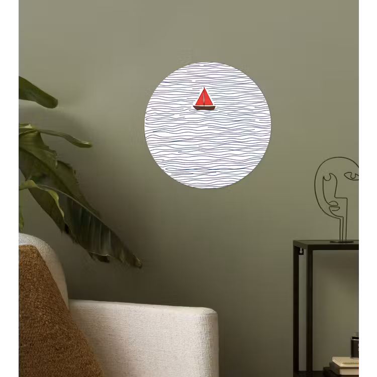 Boot - Water - Rood - Illustratie - Minimalistisch Wandcirkel behangsticker klein -sfeer2