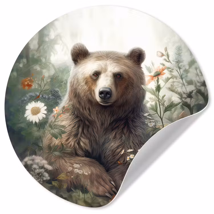 Bruine beer - Wilde dieren - Bloemen - Planten Wandcirkel behangsticker klein -3d