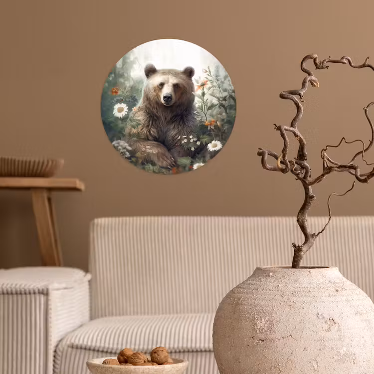 Bruine beer - Wilde dieren - Bloemen - Planten Wandcirkel behangsticker klein -sfeer1