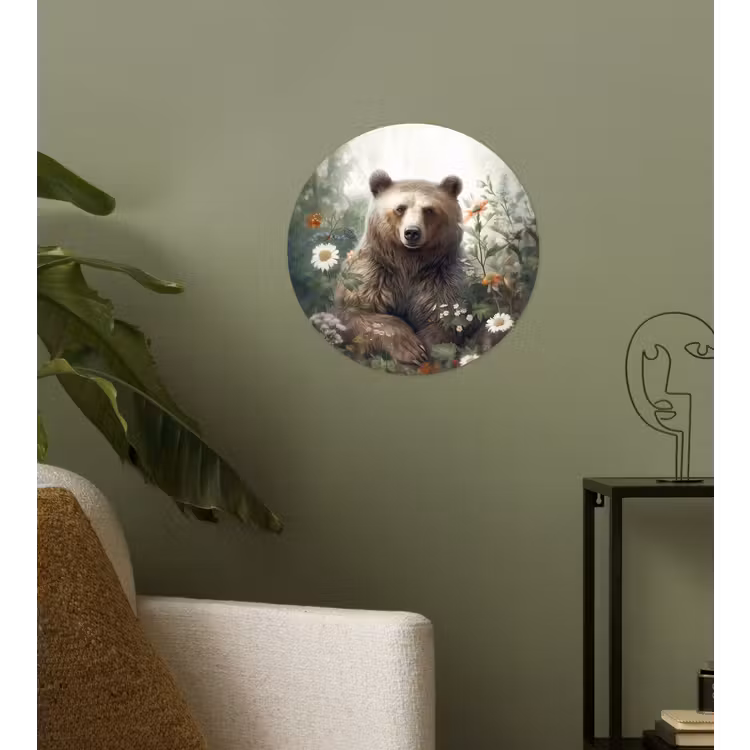 Bruine beer - Wilde dieren - Bloemen - Planten Wandcirkel behangsticker klein -sfeer2