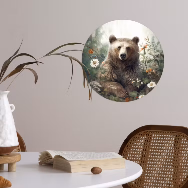 Bruine beer - Wilde dieren - Bloemen - Planten Wandcirkel behangsticker klein -sfeer3