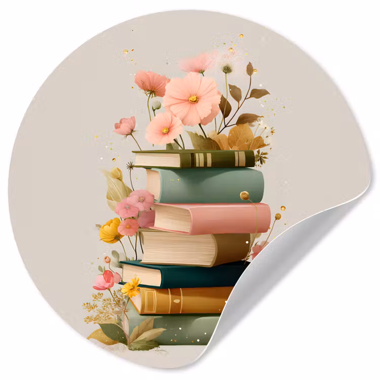 Boeken - Stapel - Bloemen - Kleurrijk Wandcirkel behangsticker klein -3d