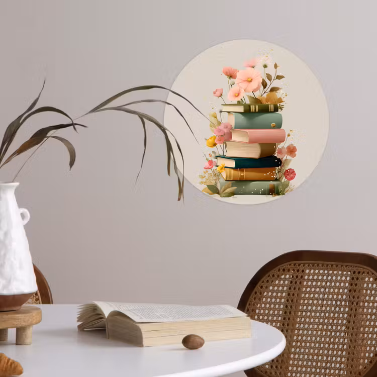 Boeken - Stapel - Bloemen - Kleurrijk Wandcirkel behangsticker klein -sfeer3