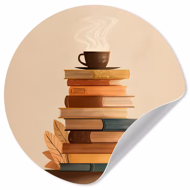 Boeken - Toren - Koffie - Beige Wandcirkel behangsticker klein -3d