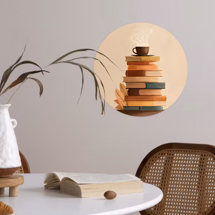 Boeken - Toren - Koffie - Beige Wandcirkel behangsticker klein -sfeer3