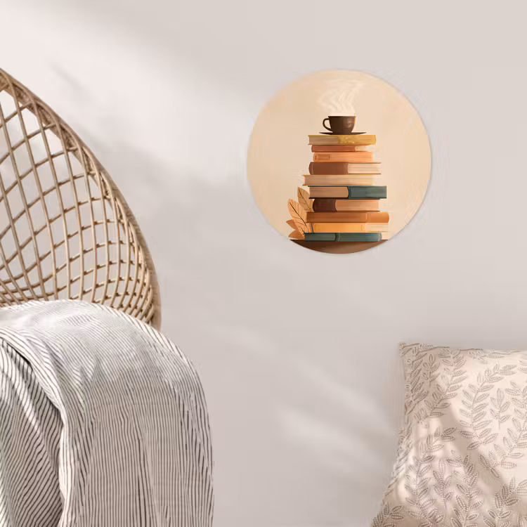 Boeken - Toren - Koffie - Beige Wandcirkel behangsticker klein -sfeer4