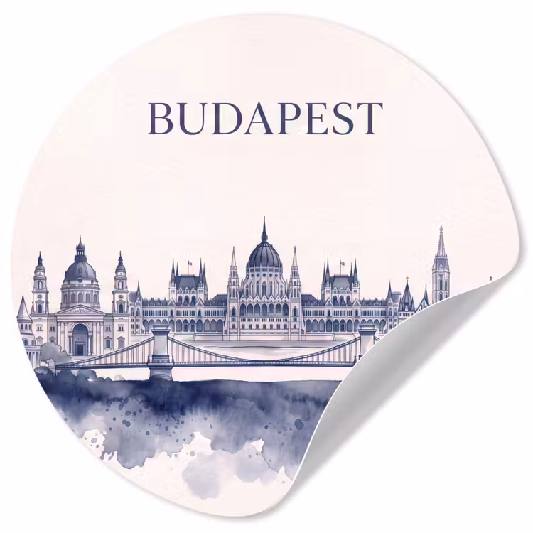 Boedapest - Skyline - Architectuur - Aquarel - Blauw Wandcirkel behangsticker klein -3d