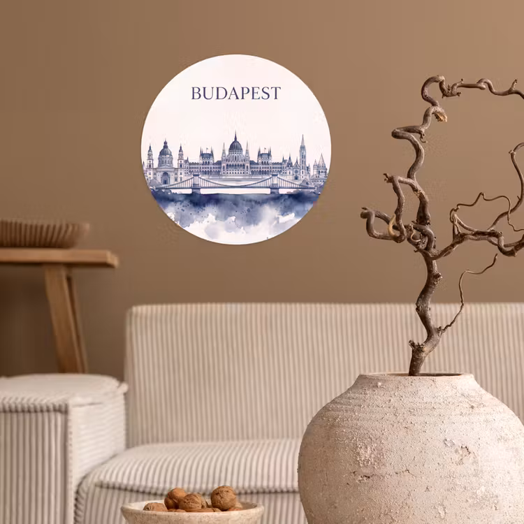 Boedapest - Skyline - Architectuur - Aquarel - Blauw Wandcirkel behangsticker klein -sfeer1