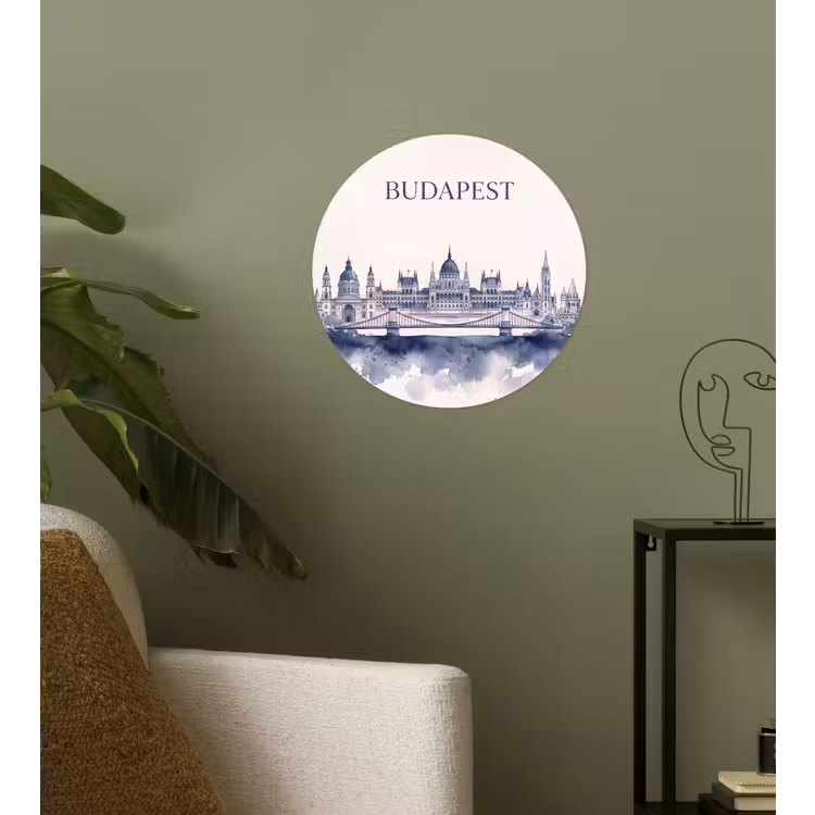 Boedapest - Skyline - Architectuur - Aquarel - Blauw Wandcirkel behangsticker klein -sfeer2