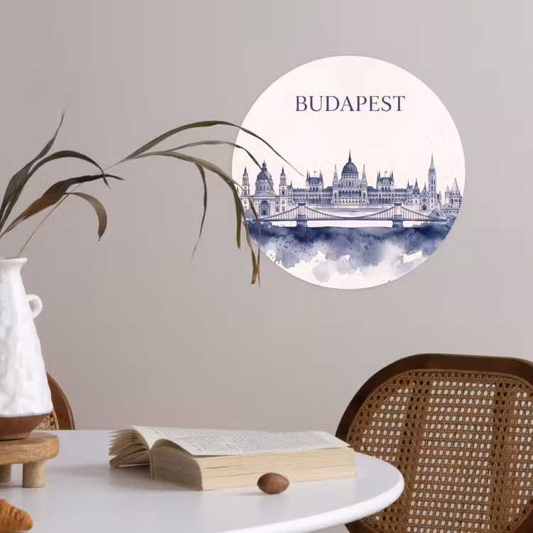 Boedapest - Skyline - Architectuur - Aquarel - Blauw Wandcirkel behangsticker klein -sfeer3