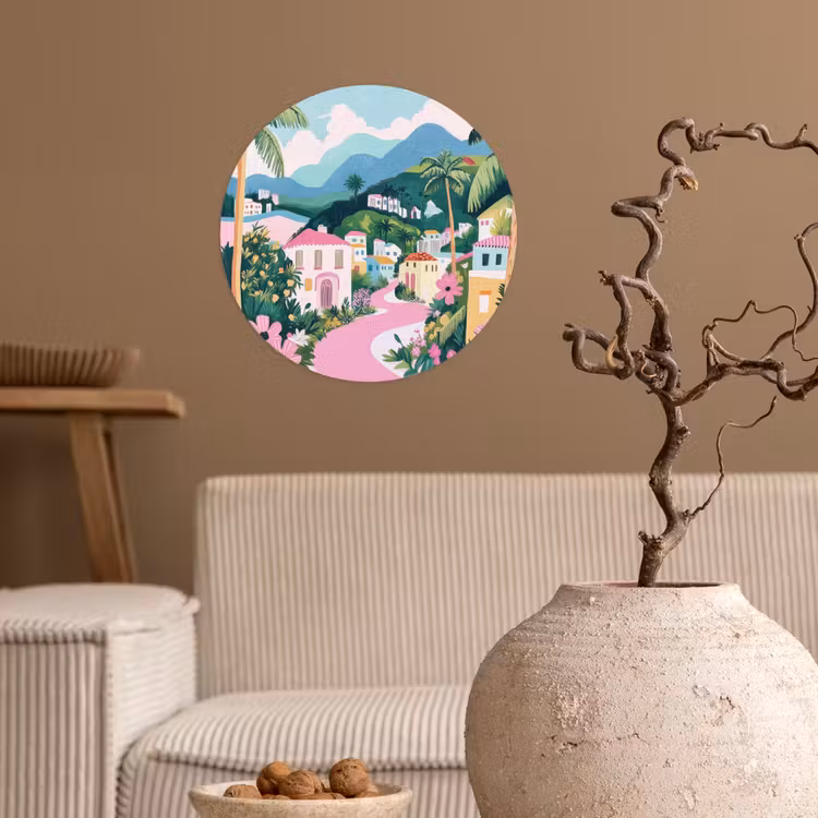 Kleurrijk - Huizen - Heuvels - Roze Wandcirkel behangsticker klein -sfeer1