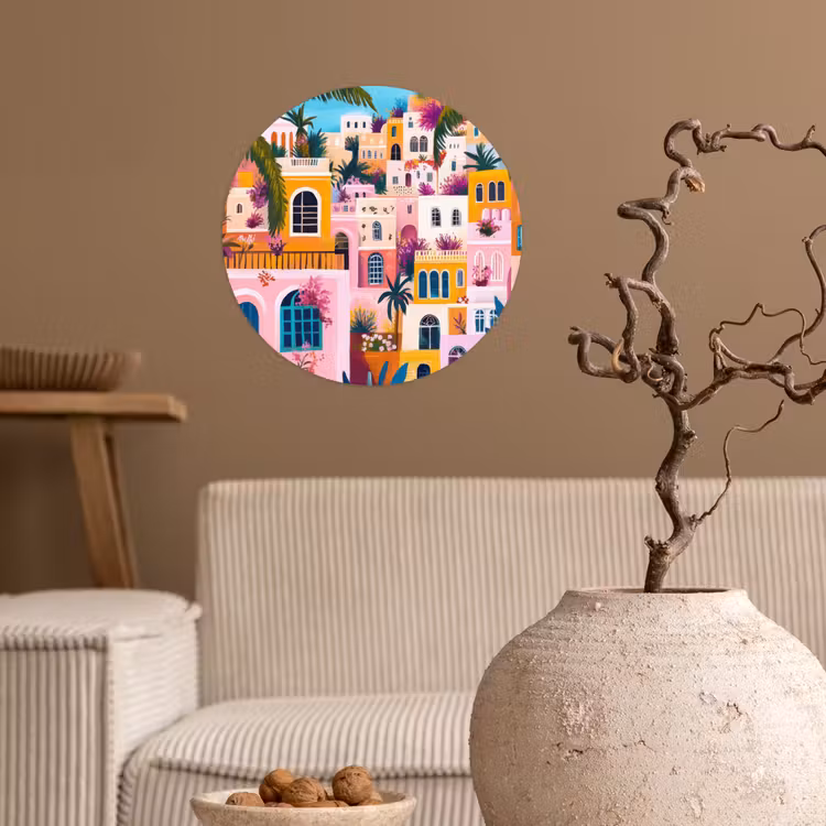 Kleurrijk - Roze - Oranje - Geel - Bloemen Wandcirkel behangsticker klein -sfeer1
