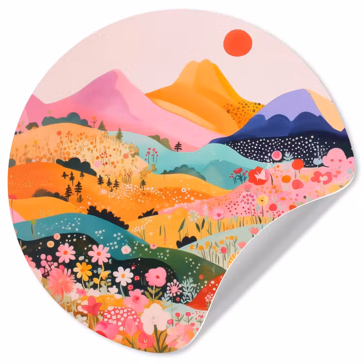 Kleurrijke bloemen - Bergen - Fantasielandschap Wandcirkel behangsticker klein -3d