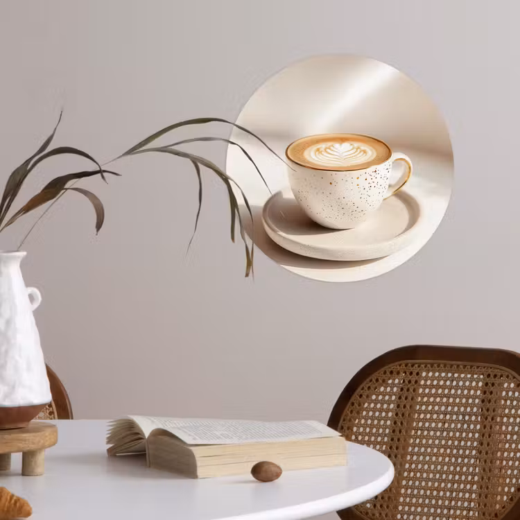 Cappuccino - Schuim - Schotel - Beige Wandcirkel behangsticker klein -sfeer3