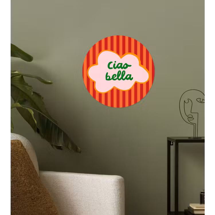 Ciao bella - Tekstwolk - Strepen - Oranje Wandcirkel behangsticker klein -sfeer2