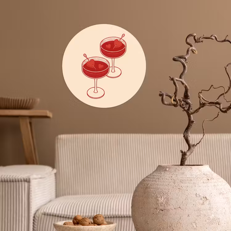 Cocktail - Hartjes - Liefde - Illustratie - Rood Wandcirkel behangsticker klein -sfeer1