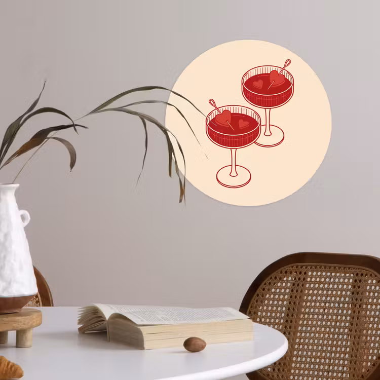 Cocktail - Hartjes - Liefde - Illustratie - Rood Wandcirkel behangsticker klein -sfeer3