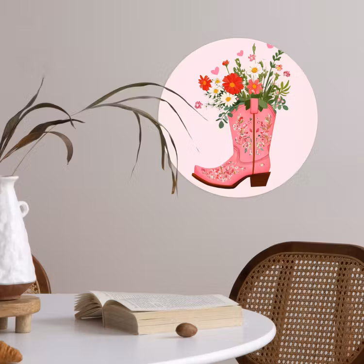 Cowboylaarzen - Roze - Boeket - Bloemen Wandcirkel behangsticker klein -sfeer3