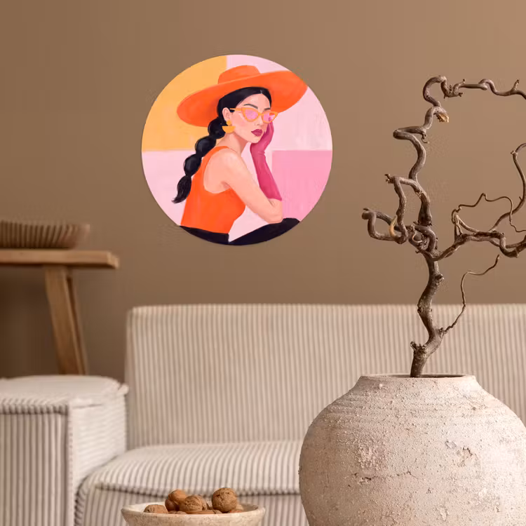Vrouw - Hoed - Mode - Modern - Oranje Wandcirkel behangsticker klein -sfeer1