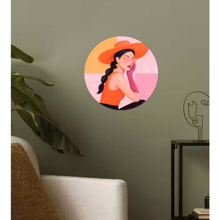 Vrouw - Hoed - Mode - Modern - Oranje Wandcirkel behangsticker klein -sfeer2