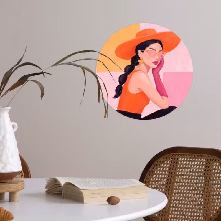 Vrouw - Hoed - Mode - Modern - Oranje Wandcirkel behangsticker klein -sfeer3
