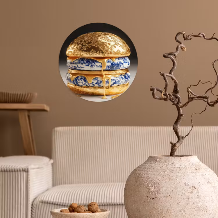 Delftsblauw - Goud - Burger Wandcirkel behangsticker klein -sfeer1