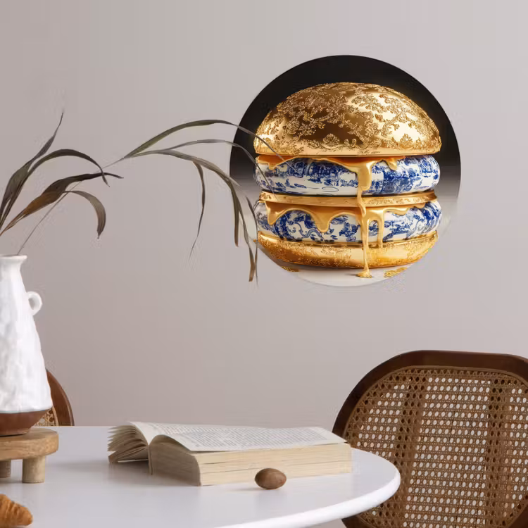 Delftsblauw - Goud - Burger Wandcirkel behangsticker klein -sfeer3
