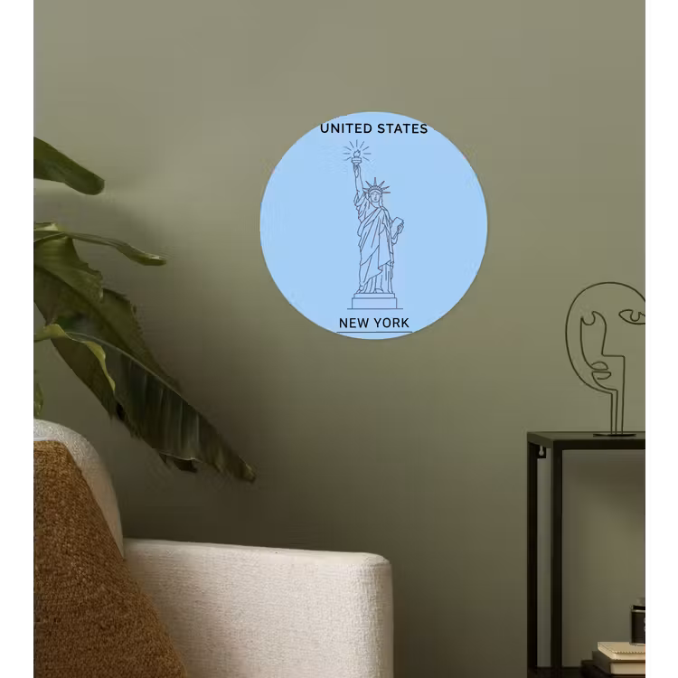 Monument - Vrijheidsbeeld - New York - Minimalistisch - Blauw Wandcirkel behangsticker klein -sfeer2
