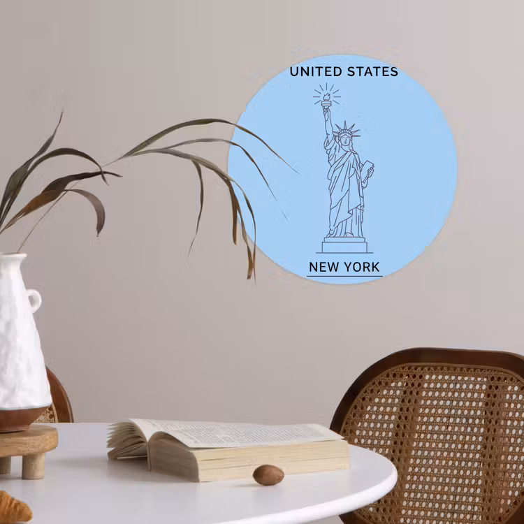 Monument - Vrijheidsbeeld - New York - Minimalistisch - Blauw Wandcirkel behangsticker klein -sfeer3